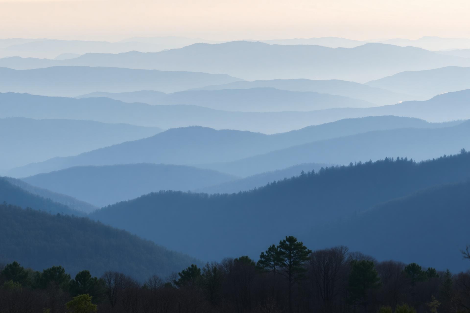 Layers of Blue Ridge Mountains in morning mist near Blowing Rock, NC
